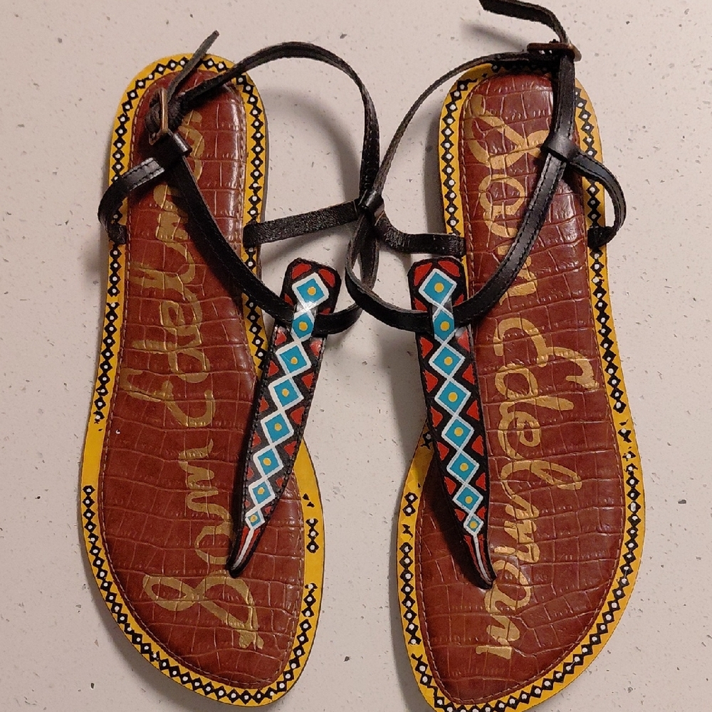 Sam Edelman Black and Brown Sandals with Yellow and Turquoise Details
